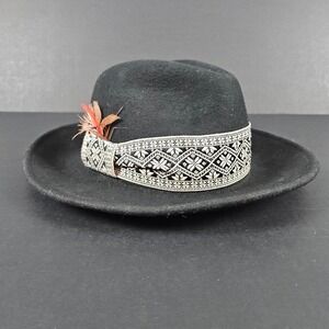 Gypsy Warrior Black Wool Fedora Hat Embellished Band Feather Detail One Size